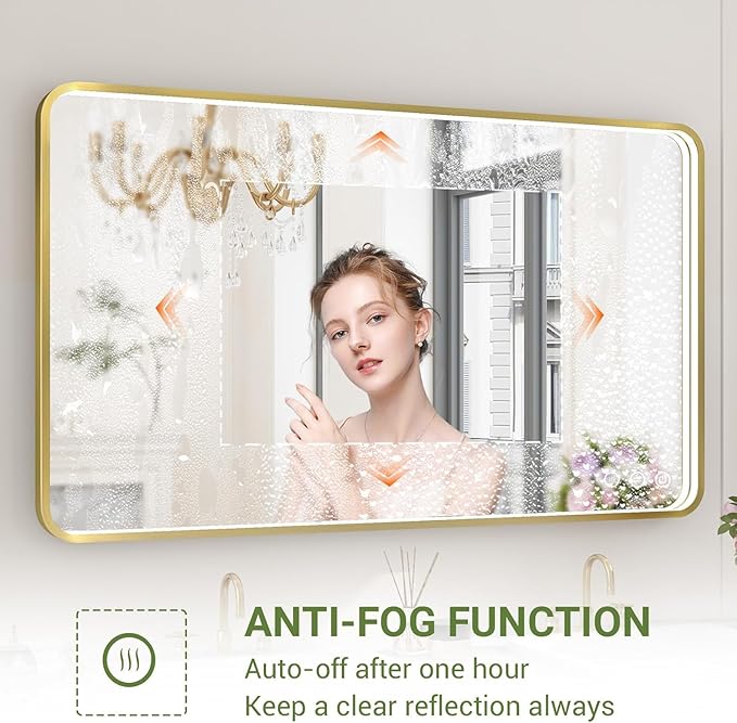 55x32 Inch LED Bathroom Mirror with Lights, Gold Metal Framed LED Mirror for Bathroom, 3 Colors and Stepless Dimmable Wall Mounted Lighted Bathroom Vanity Mirror, Anti-Fog, Memory