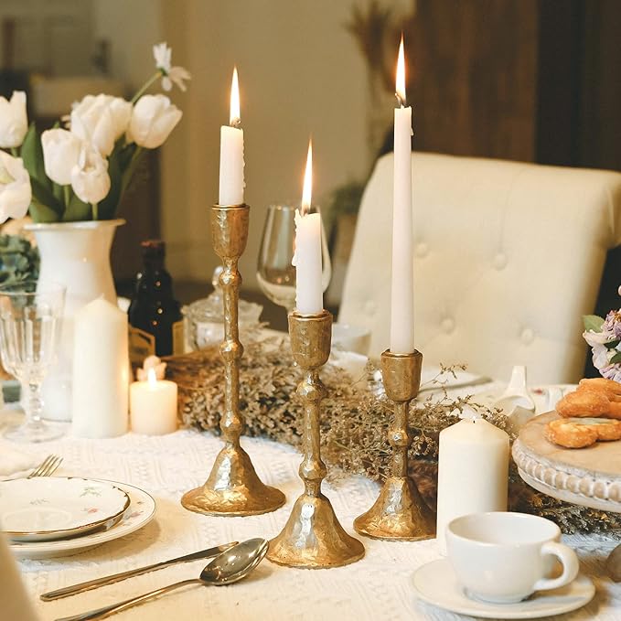 NIKKY HOME Gold Taper Candle Holders Set of 3, Vintage Decorative Resin Candlesticks Centerpieces Decor for Dining Room Table Wedding Party Mantle Fireplace