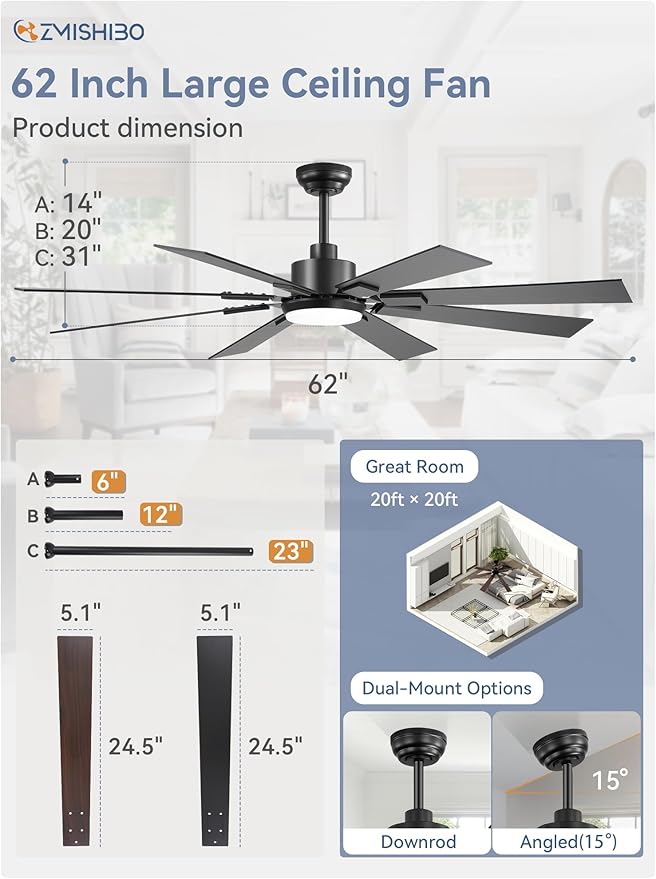 ZMISHIBO 62 inch Large Ceiling Fans with Lights and Remote, Indoor/Outdoor Black Modern Ceiling Fan for Kitchen Living Room Patio, 6 Speed Reversible Quiet DC Motor, 3 CCT, Dual Finish 8 Blades