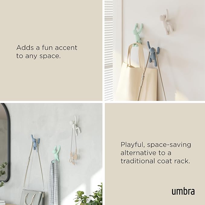 Umbra Buddy Wall Hooks – Decorative Wall Mounted Coat Hooks for Hanging Coats, Scarves, Bags, Purses, Backpacks, Towels and More, Set of 3, Light Multicolored