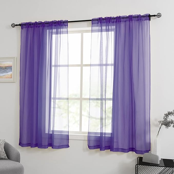 HUTO Purple Sheer Curtains 54 inches Long for Bedroom Top Rod Pocket Sheer Window Panels Curtains for Nursery Living Room 52 by 54 Inch Length Set of 2