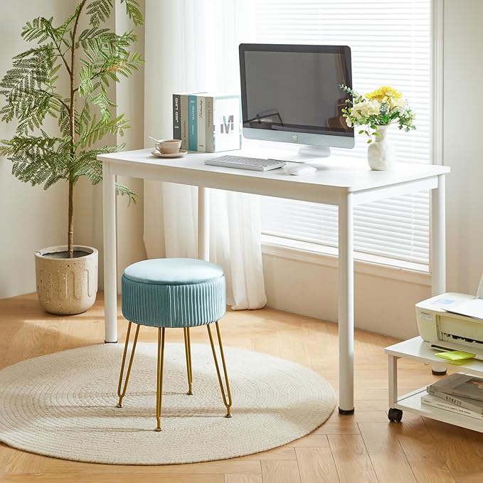 IBUYKE Velvet Storage Footrest Stool Ottoman, Makeup Vanity Stool Side Table with Golden Steel Legs Removable Cover, Coffee Table Top Cover, Blue LG-20H