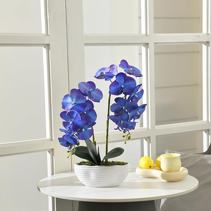 Large Artificial Potted Orchid Plant, Silk Flower Arrangement with Ceramics Vase, Purple Blue