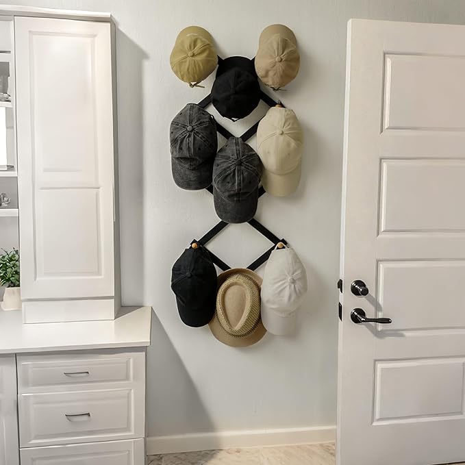 SKOLOO Hat Rack for Wall with 14 Hooks, Solid Wooden, Modern, Expandable Coat Rack Wall Mount for Coats, Hats, Bags, Baseball Caps, Natural on Black