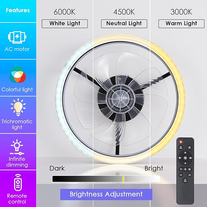 Ceiling Fans with Lights - Modern Flush Mount Ceiling Fan,16" RGB Dimmable LED Enclosed Ceiling Fans,Low Profile Bladeless LED-RGB Ambient Light for Bedroom Kids Room Party（Black）