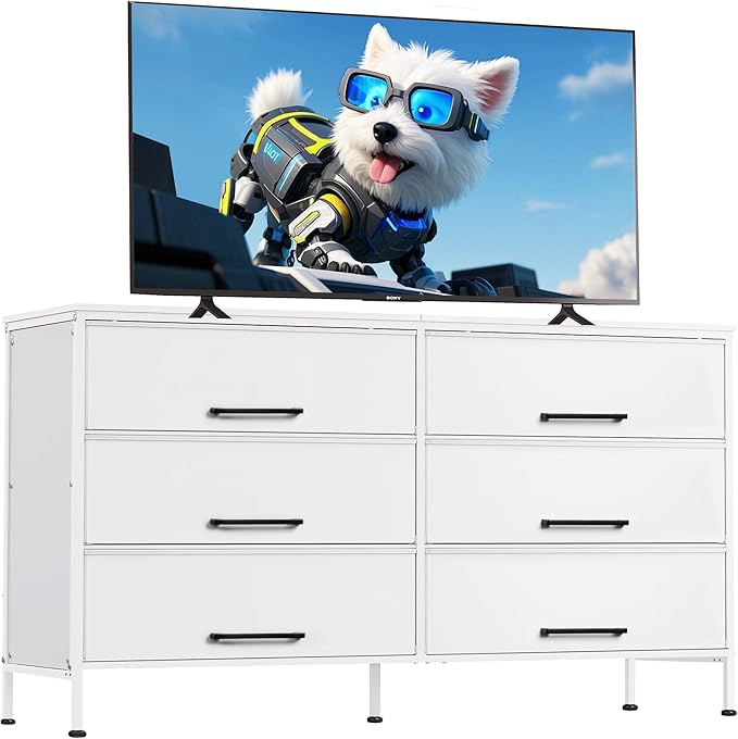 WLIVE White TV Stand for 60, 65, 70 inch TV, Large Entertainment Center with 6 Fabric Drawer, TV Media Console Table with Wood Top, Adjustable Feet for Living Room,