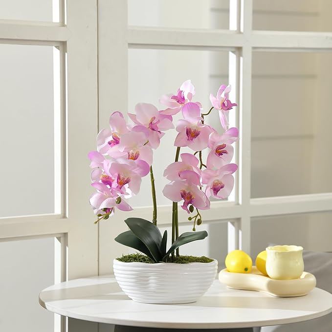 Large Artificial Potted Orchid Plant, Silk Flower Arrangement with Ceramics Vase, Pink Shades