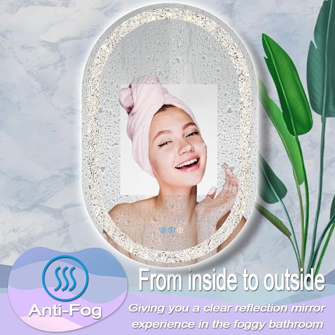 40 x 20 Inch Crystal Oval Vanity Mirror with Lights 3 Color Memory Function Dimmable Antifog 40 Inch Diamond Crystal LED Oval Lighted Mirror for Bathroom Salon Wall Horizontal/Vertical Mount