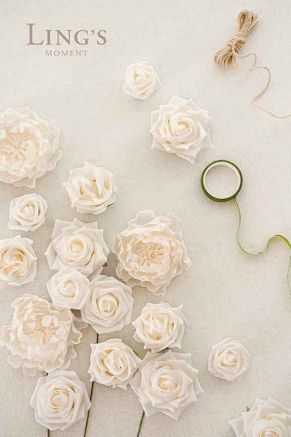 Ling's Moment Artificial Flowers Fake Roses Faux Foam Peony Combo for DIY Wedding Bouquets Centerpieces Arrangements Bridal Shower Party Home Decorations, Ivory, 24pcs