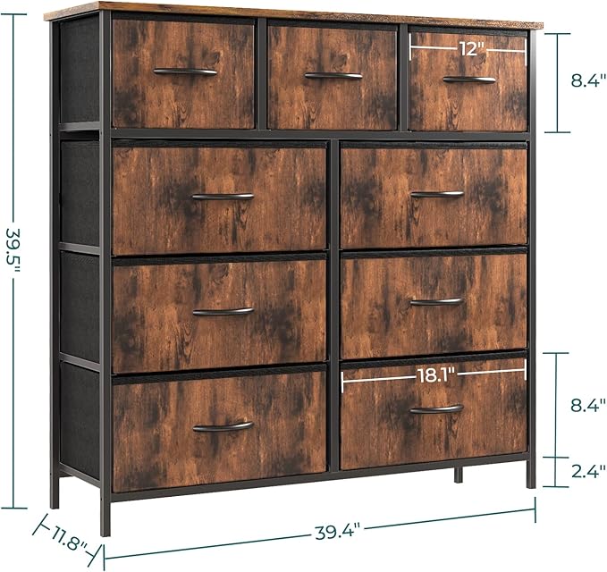 OLIXIS Dresser for Bedroom, 9 Storage Drawers, Tall Large Fabric Storage Tower Organizer, Chest of Drawers with Metal Frame Wooden Top for Nursery, Closet, Living Room, Entryway, Classic Rust Brown
