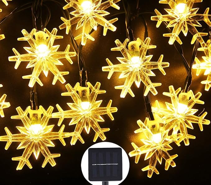 Solar Christmas Lights Outdoor Waterproof 30 LED 20 ft 8 Modes Solar Powered Snowflake String Lights for Garden Patio Yard Home Christmas Tree Parties(Warm White)