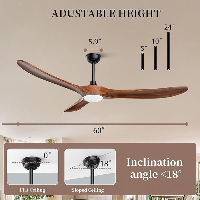 Obabala Ceiling Fans with Lights and Remote, 60inch Outdoor Ceiling Fan 3 Solid Wood Blades Fan with 3 Downrods for Patios, Modern Ceiling Fan with Noiseless Reversible DC Motor (Solid Wood, 60in)