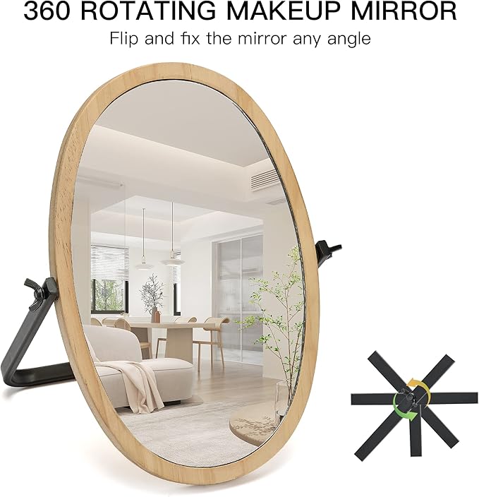 Geloo Vanity Makeup Table Mirror - Desk Mirrors 360 Adjustable Rotation,Wood Framed Small Standing Mirror for Bedroom,Tabletop,Office,Antique,Dresser,Countertop 11.8'' x 7.8''