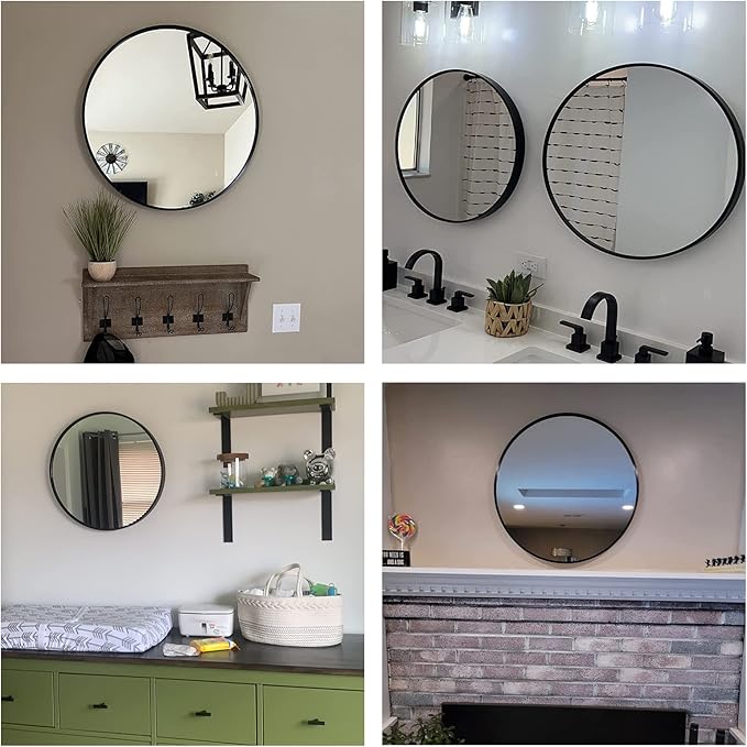 Black Circle Mirror, 20 inch Round Mirror, Black Bathroom Mirror Circular, Round Wall Mirrors for Living Room, Bedroom, Bathroom, Washroom, Rustic, Vanity.