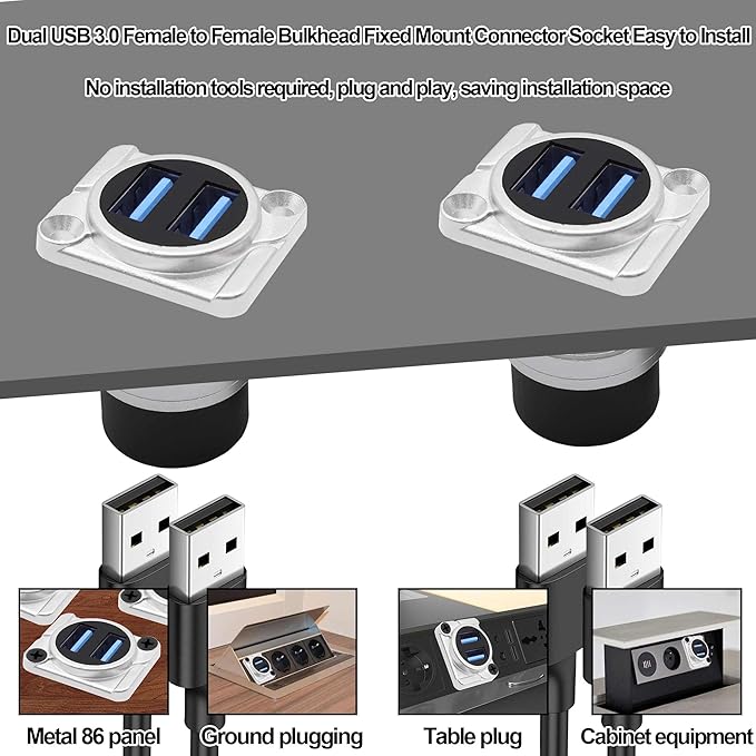 Dual USB 3.0 Panel Mount Adapter USB Type A Dual Female to 2 Female Coupler Bulkhead Fixed Mount Embedded D-Type Pass Though Connector for Data Transfer/Charging -Silver (D-Type)