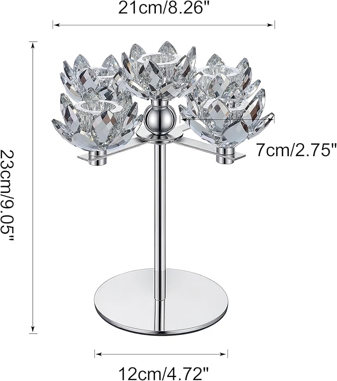 Crystal Candle Holders Lotus Candelabras Silver Arch Candlestick, Centerpiece Table, Home Hecor for Wedding, Dinning Room, Coffee Table, Kitchen, Living Room, Entryway (5 Arms, Taper Candle)