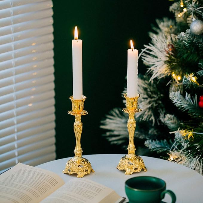 Sziqiqi Gold Candlestick Holders Set of 2 Taper Candle Holders Deluxe Ornate Candle Holders for Shabbat Taper Candles, Candle Centerpiece, Wedding Candles, Christmas Candle 7.4inch