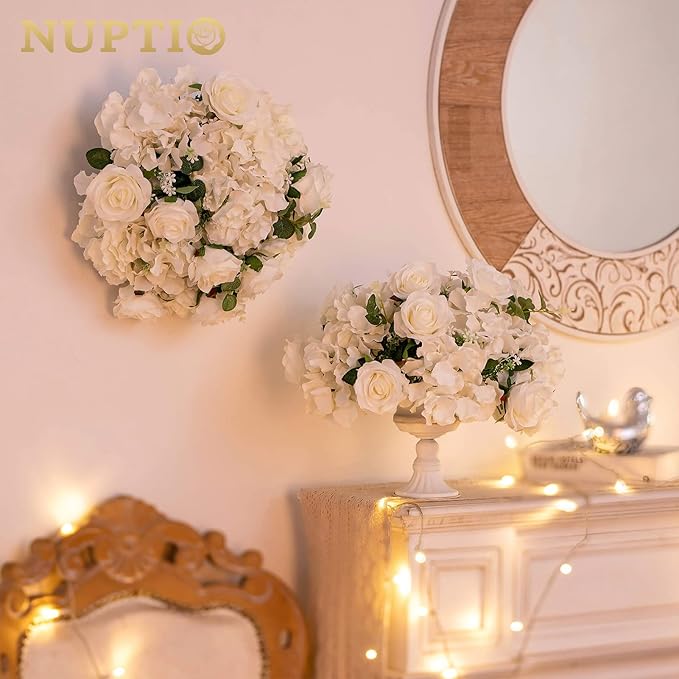 NUPTIO Flower Ball Arrangement Bouquet - 10 Pcs 15.7 inch Diameter White Fake Flowers Roses Balls for Centerpieces Tables - Artificial Rose Arrangements for Wedding Centerpiece Table Decorations
