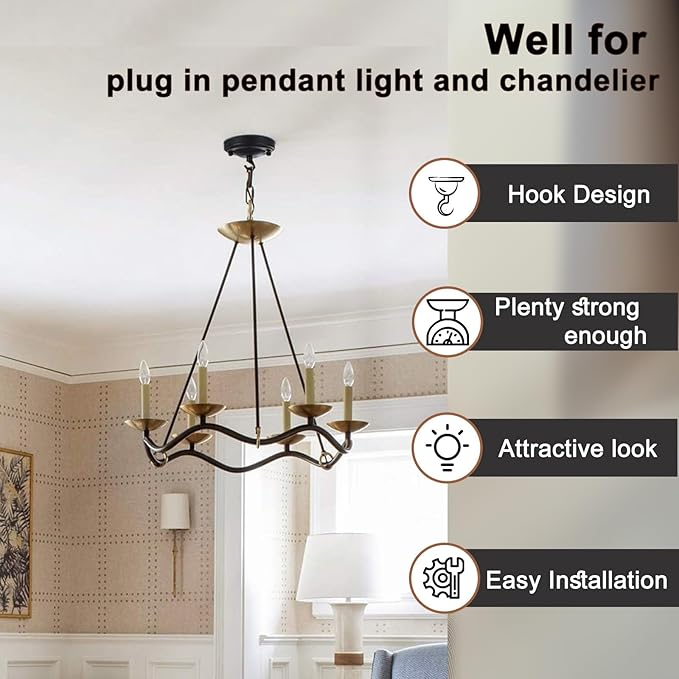 Upgraded Version 4.1Inch Light Canopy Kit Black, Chandelier Hook with Mounting Hardware, Iron Ceiling Canopy Kit for Pendant Light, Ceiling Hooks Cover Plate, Easy to Install, Varied Sizes