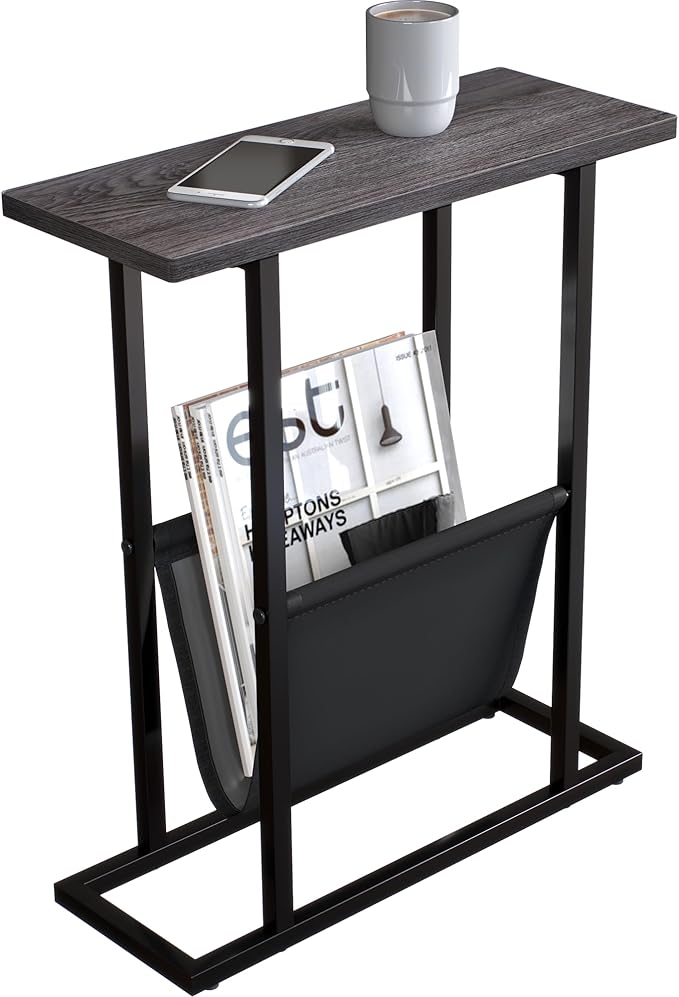 Yusong Narrow Side Table for Small Spaces, Small End Table with Magazine Holder, Skinny Slim Little Thin Table for Living Room, Bedroom, Sofa, Grey Oak