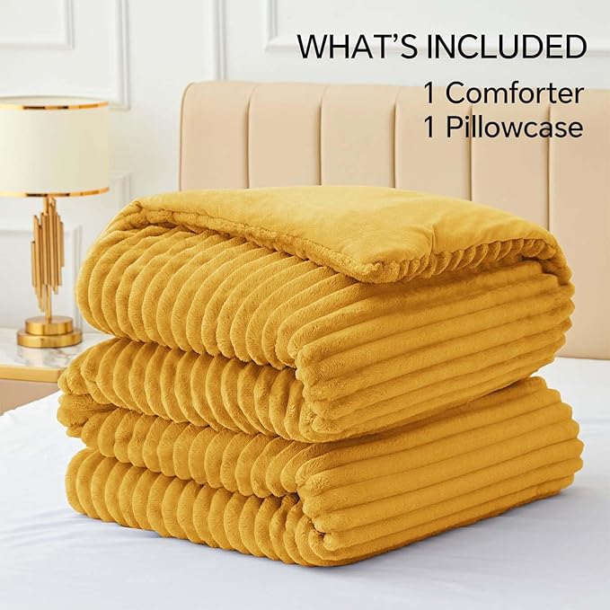 BEDELITE Fleece Twin Comforter Set -Super Soft & Warm Fluffy Mustard Yellow Bedding, Luxury Fuzzy Heavy Bed Set for Winter with 1 Pillow case