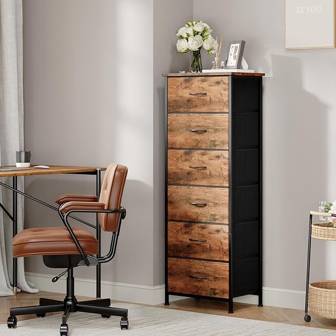 Somdot Tall Dresser for Bedroom with 6 Drawers, Storage Organizer Chest of Drawers with Removable Fabric Bins for Closet Bedside Living Room Laundry Entryway Hallway, Wood Grain Print