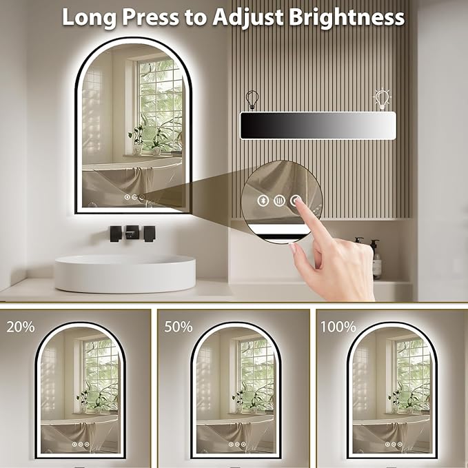 24x36 Inch Led Mirrors for Bathroom, Arch Vanity Mirror with Lights, Wall-Mounted Mirror with Bluetooth Speaker, Anti-Fog, Memory Function, 3 Color Temperature, Dimmable
