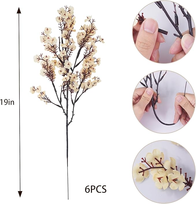 Uieke 6 Pcs Artificial Flowers Baby Breath Faux Champagne Artificial Gypsophila Bouquet Fake Silk Flowers Real Touch for Home Office Kitchen Wedding Wall DIY Room Farmhouse Décor