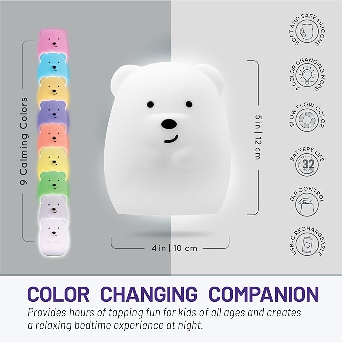 Lumipets Junior Bear Night Light, Soft Silicone Material, 8 Soothing Colors, Cordless, Easy Control, Portable