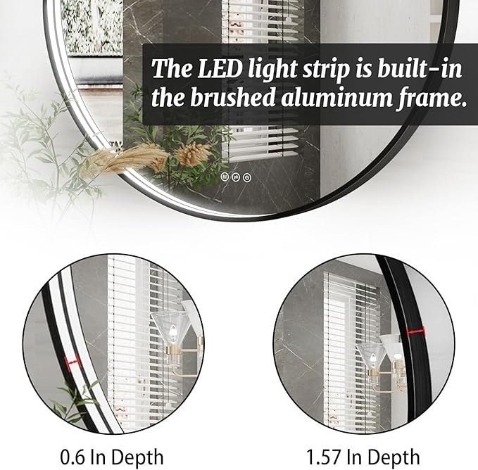 24 Inch Round LED Bathroom Mirror, Black Metal Framed Lighted Mirror for Bathroom, Wall Mouted LED Vanity Mirror with Lights, 3 Colors and Stepless Dimmable, Anti-Fog, Memory
