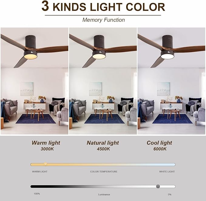 Sofucor 52 Inch Ceiling Fans with Lights, Indoor/Outdoor Ceiling Fan with Light and Remote, Quiet DC Reversible, Dimmable, Flush Mount, 3 Blade Solid Wood Ceiling Fans or Patio Bedroom Farmhouse