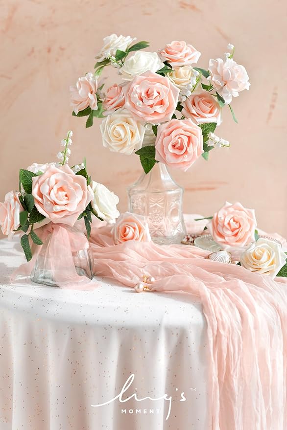 Ling's Moment Artificial Flowers Fake Roses Faux Foam Gardenia Combo for DIY Wedding Bouquets Centerpieces Arrangements Bridal Shower Party Home Decorations, Blush & White, 24pcs