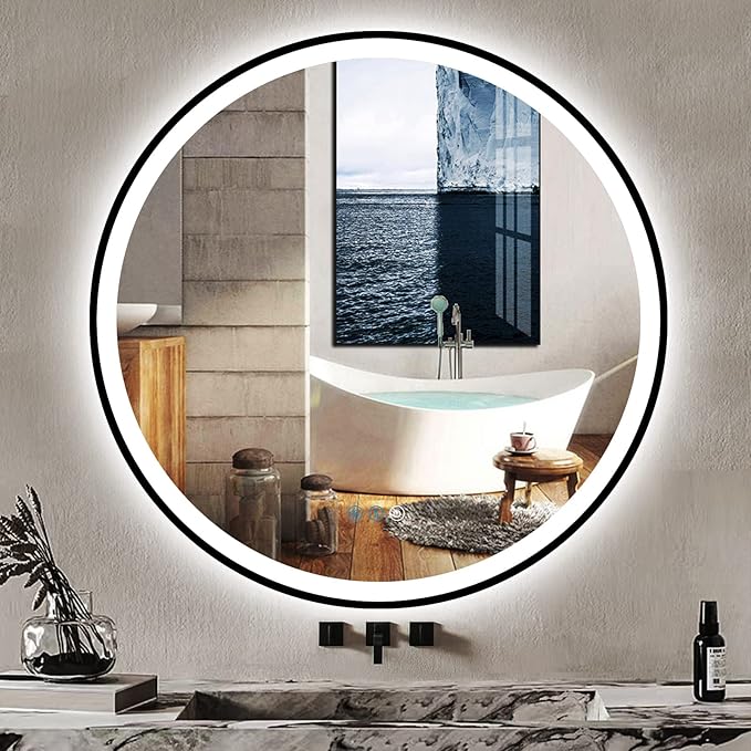 36 Inch Black Frame Round LED Bathroom Mirror Anti-Fog Smart Memory 3 Color Adjustable Brightness Frontlit 36" Black Framed Circle Round Lighted Vanity Mirror for Bathroom Wall Mounted