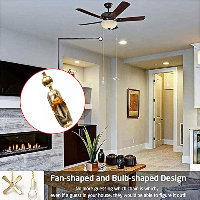 Ceiling Fan Pull Chain Ornaments Extension Chains with Decorative Light Bulb and Cord 13.6 Inches Fan Pull Chain Set For Ceiling Light Lamp Chain (Gold)