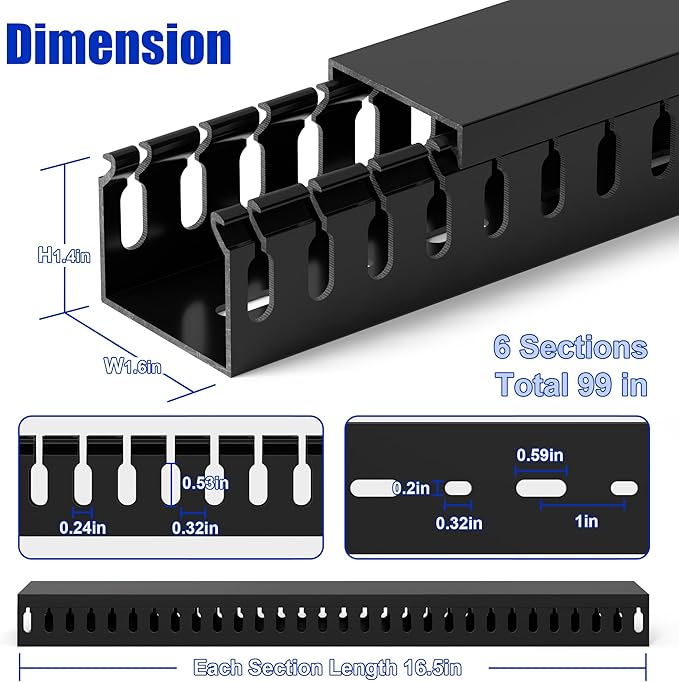 ZhiYo H1.4 W1.6 in Server Rack Cable Management Raceway, 99in (6X L16.5in) Cable Raceway Kit, Electrically Safe PVC Open Slot Wire Cord Hider for Under Desk/Computer/Network Cords, Black, H35 W40mm