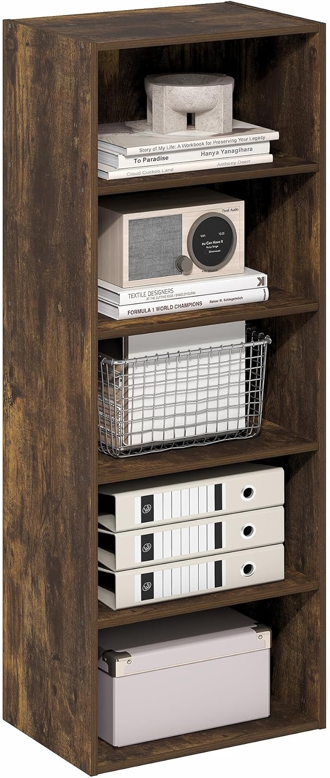 Furinno Basic Book Shelf, 5-Tier Bookshelf, Cube Storage Organizer Bookcase with Open Shelf, 11 x 17 x 44, for Living Room, Bedroom, Home Office, Amber Pine