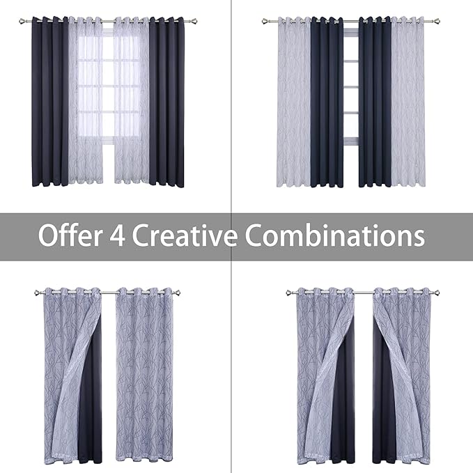 BONZER Mix and Match Curtains - 2 Pieces Branch Print Sheer Curtains and 2 Pieces Blackout Curtains for Bedroom Living Room Grommet Window Drapes, 54x95 Inch/Panel, Grey Dark, Set of 4 Panels