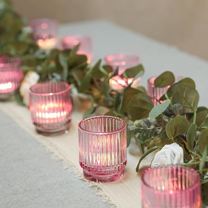 Vintage Ribbed Pink Glass Tealight & Votive Candle Holders (Set of 12) - Wedding, Bridal Shower Party Table Decor, Fall, Boho, Shelf Decoration