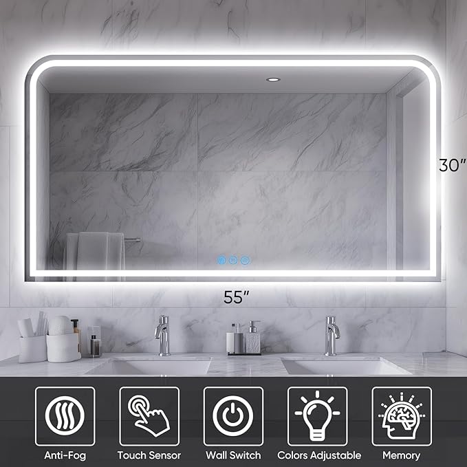 LED Bathroom Mirror, 55"x 30" LED Mirror with Lights for Bathroom, Lighted Vanity Mirrors for Wall, Anti-Fog, Dimmable, Tempered Glass, Memory Function, 3 Colors, Safe Use (White)