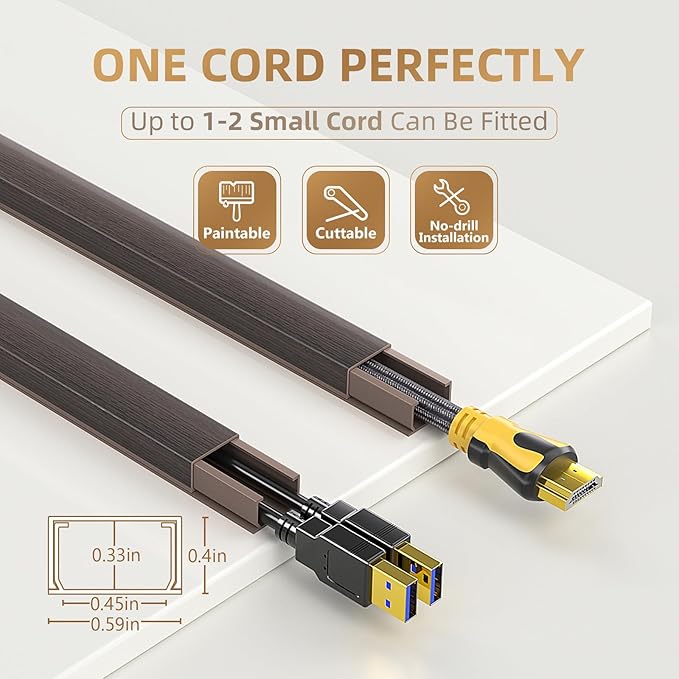 Delamu Cord Hider, 85in Cord Covers for 1 Wire on Wall, One-Cord Cable Hider, Easy Mount Wire Hiders Wire Covers for TV Cords on Wall, PVC Cable Cover Management Kit, 6X L14.2 W0.59 H0.4in, Darkwood