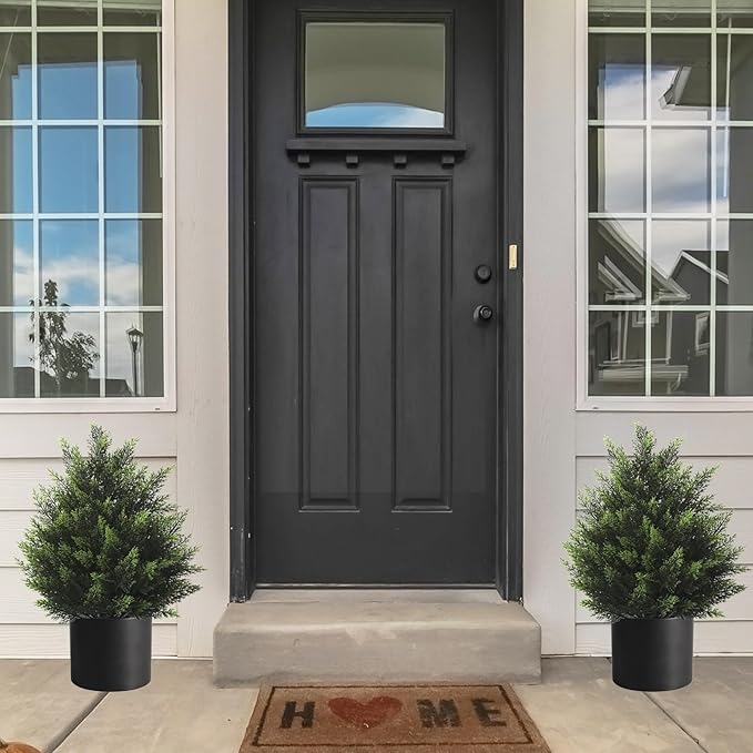 2FT Artificial Cedar Topiary Tree Lifelike Faux Cedar Pines Christmas Trees UV Rated Faux Shrubs Everygreen Plants for Front Porch Outdoor Decor Set of 2