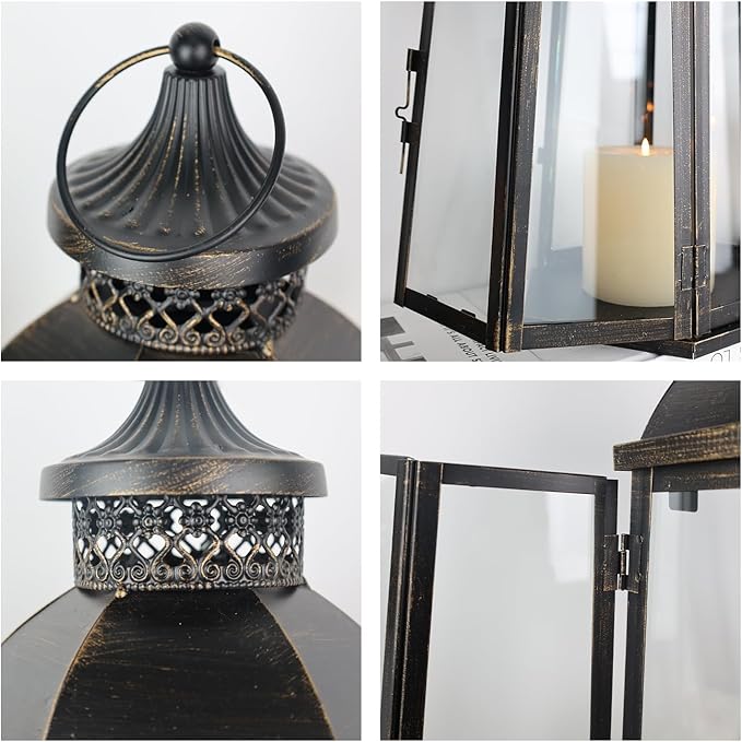 DECORKEY 19’’&16’’&8’’ Lanterns Decorative Outdoor & Indoor, Large Lantern for Front Porch, Metal Frame Candle Holders with Glass, Vintage Patio, Pathway, Balcony, Garden, Yard Decor