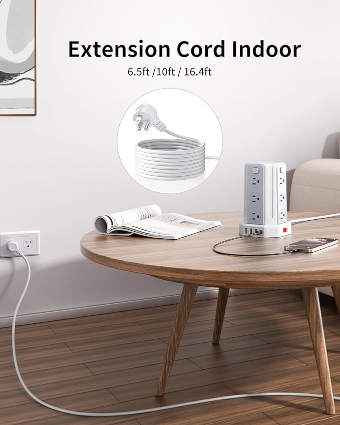 Power Strip Surge Protector, 16.4 Ft Extension Cord with 12 AC Multiple Outlets 4 USB (1 USB C), SMALLRT Power Tower Desktop Charging Station