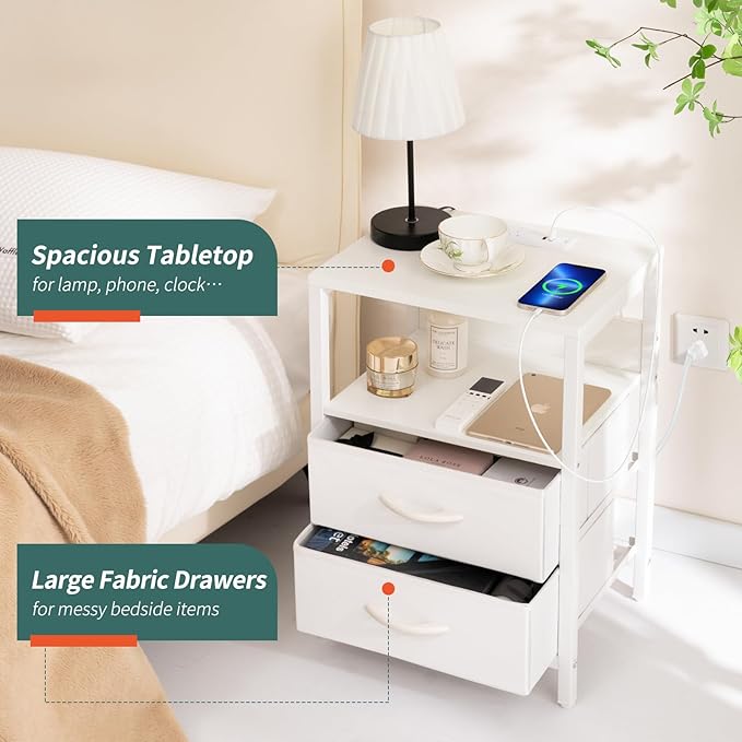 Yoobure Nightstand with Charging Station, Small Night Stand with Fabric Drawers and Storage Shelf for Bedrooms, Nightstands for Small Spaces, Bedside Table with USB Ports & Outlets, Bed Side Table