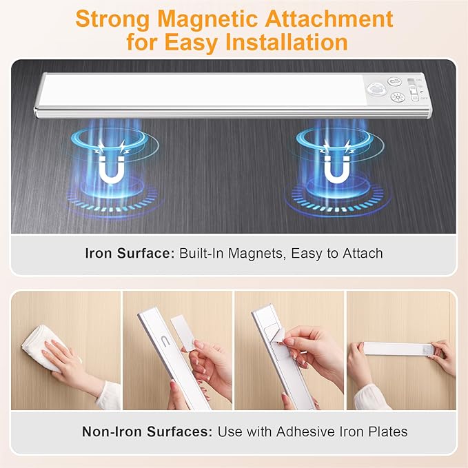 Gritin 10.2inch Under Cabinet Lighting Rechargeable -84 LED Super Bright,3-Color& 5 Level Brightness,4 Modes,Motion Sensor,Long Lasting- Easy Installation Magnetic Under Cabinet Closet Lights -2 Pack