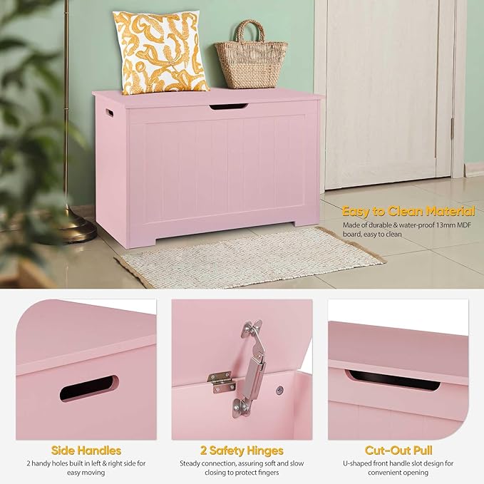 Wooden Storage Chest Box with Flip-top Lid & Safety Hinge, Living Room Organizer, Bedroom Bench with 100L Storing Area, Pink