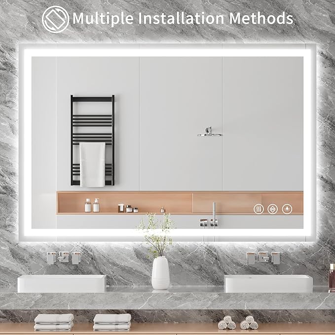 Koonmi 36x55 LED Bathroom Mirror, Backlit + Front Lit, LED Bathroom Mirror with Lights for Wall, 3 Colors, Anti-Fog, Dimmable Brightness, Memory Function, Tempered Glass