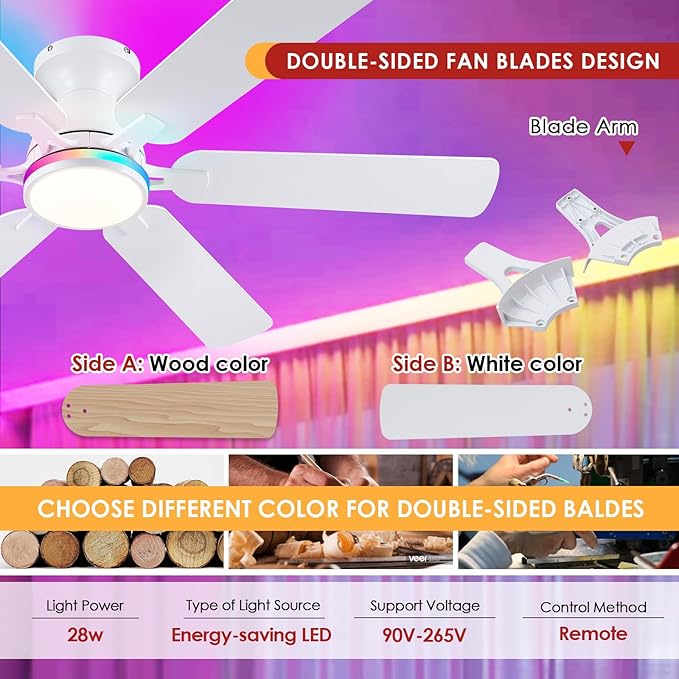 Ceiling Fans with Lights- 52" RGB Low Profile Indoor Ceiling Fan with Light and Remote/APP Control, Flush Mount, 6 Blade, LED Dimmable DC Reversible Modern Ceiling Fan for Bedroom（White）