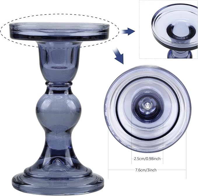 GMWD 3 Pcs Glass Candle Holder Set Clear, Blue Candlesticks Holders Pillar Taper Candles Tealight Stand for Wedding Centerpieces Home Decorations Dining Table