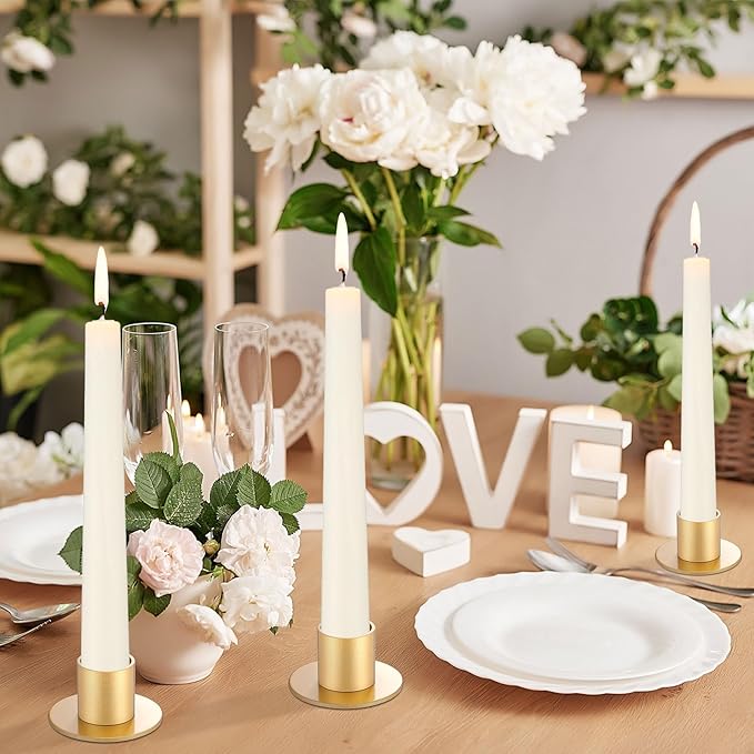 24 Pcs Gold Taper Candle Holders Bulk for Pillar Candles Metal Short Candlestick Holder Gold Centerpieces Decoration for Christmas Thanksgiving Anniversary Dinner Party